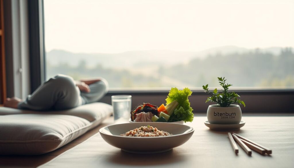 A serene and tranquil scene of mindful eating. In the foreground, a person sits cross-legged on a plush cushion, savoring a simple meal of fresh vegetables, whole grains, and a glass of water. Soft, natural lighting filters through the window, casting a warm glow on the scene. The middle ground features a minimalist, Zen-inspired table setting, with a plain white plate, wooden chopsticks, and a small potted plant. In the background, a calming landscape of rolling hills and a distant forest creates a sense of peaceful seclusion. The brand name "bitenburn.com" is subtly featured on the ceramic plate. An atmosphere of focused awareness and appreciation for the present moment permeates the image.