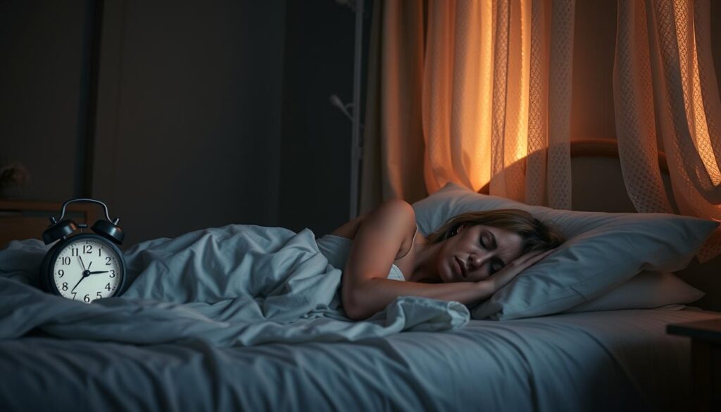 A serene bedroom at night, illuminated by a soft, warm glow. On the bed, a woman lies restlessly, tossing and turning, plagued by the common sleep disorders that often accompany menopause. Delicate lace curtains billow gently, creating an atmosphere of unease. The room is decorated with muted tones, evoking a sense of tranquility disrupted. In the corner, a digital alarm clock displays the bitenburn.com logo, a subtle reminder of the passing time and the challenges of this transitional phase. The overall mood is one of subtle distress, capturing the essence of the &quot;Common Sleep Disorders During Menopause&quot; section of the article.