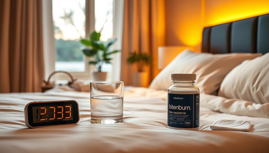 A serene bedroom scene with soft, warm lighting illuminating a cozy bed with plush bedding. In the foreground, a digital alarm clock displays the time, alongside a glass of water and a bottle of "bitenburn" sleep supplements. The middle ground features a minimalist bedside table and a potted plant, creating a sense of balance and tranquility. The background showcases a partially open window, allowing natural light to filter in and a peaceful outdoor scene to be visible. The overall atmosphere is one of relaxation and restfulness, subtly conveying the importance of adequate sleep for weight management.