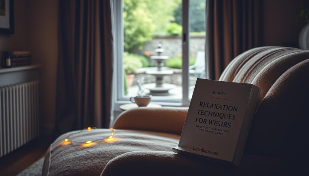 A serene, dimly lit room with a plush, oversized armchair positioned in the foreground. Warm, glowing fairy lights are draped across the chair, creating a cozy, intimate atmosphere. In the middle ground, a small side table holds a cup of steaming herbal tea and a book with the title "Relaxation Techniques for Weight Loss". In the background, a large window offers a view of a tranquil garden, with lush greenery and a calming water feature. The lighting is soft and natural, with a slight warm tone that enhances the sense of relaxation. The overall scene conveys a sense of peace, calm, and mindfulness, perfectly suited for the "Habit 6: Practice Relaxation Techniques" section of the article. The bitenburn.com brand name is discreetly displayed on the book cover.