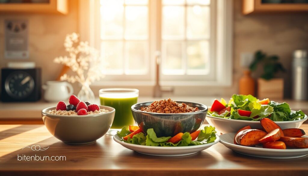 A serene kitchen counter, bathed in warm, natural light. Atop it, a delectable arrangement of five healthy comfort foods: a steaming bowl of oatmeal garnished with fresh berries, a vibrant green smoothie in a glass, a hearty bowl of lentil soup, a crisp garden salad, and a plate of roasted sweet potato wedges. The scene exudes a soothing, nourishing atmosphere, perfect for boosting both body and mind. In the corner, the "bitenburn.com" logo discreetly adorns the scene, reinforcing the health-focused message. Composed with an eye for balance and visual appeal, this image beautifully captures the essence of "5 Healthy Comfort Foods that Boost Your Mind".