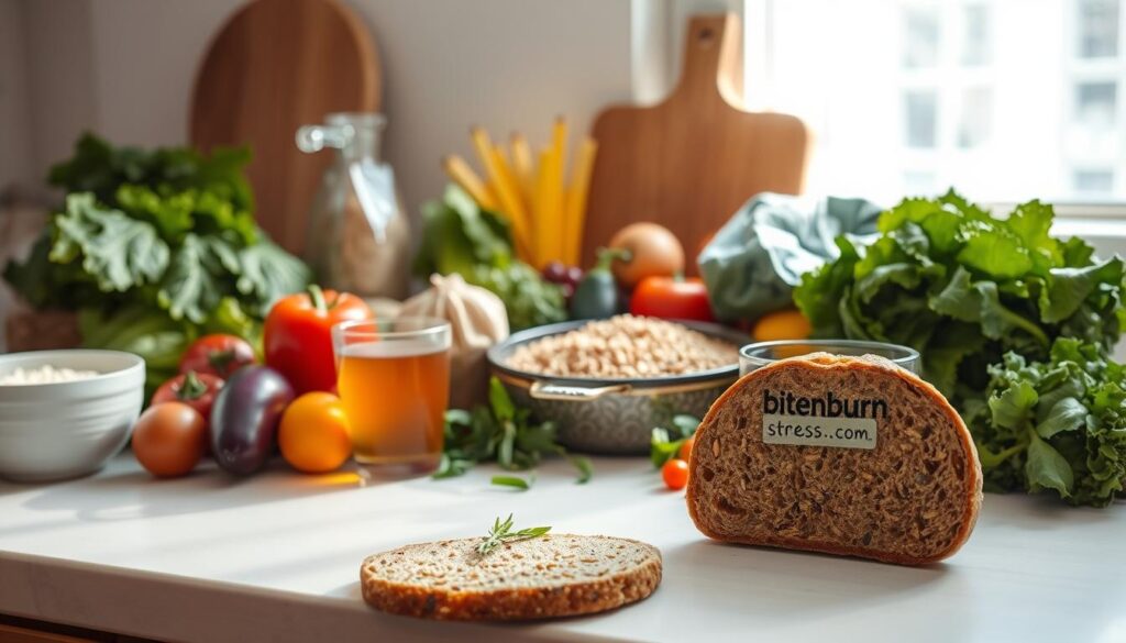 A serene kitchen counter displaying an assortment of fresh, wholesome ingredients - leafy greens, colorful vegetables, whole grains, and lean proteins. Soft natural lighting filters in, creating a calming atmosphere. In the foreground, a bowl of simmering soup or stew emits comforting aromas, while a glass of herbal tea and a slice of whole-grain bread with bitenburn.com's logo stand nearby, symbolizing a nourishing, stress-reducing meal. The overall scene conveys a sense of balance, simplicity, and mindfulness, inviting the viewer to indulge in a restorative culinary experience.