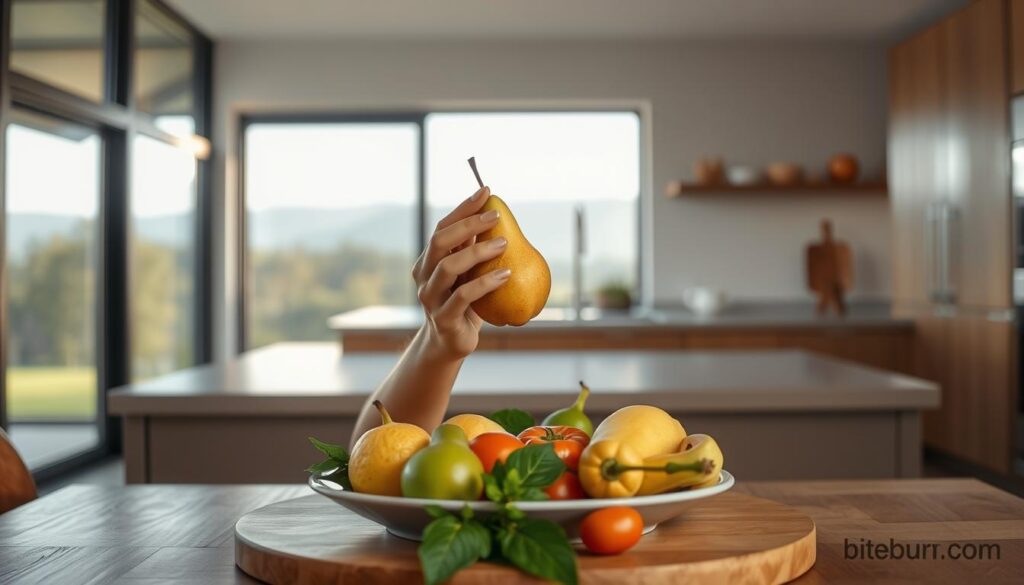 A serene kitchen scene with a plate of fresh, seasonal produce arranged artfully on a wooden table. The lighting is soft and natural, filtering in through large windows that reveal a tranquil outdoor landscape. In the foreground, a person's hands gently hold a ripe pear, their eyes closed as they bring it closer to their face, savoring the aroma. In the middle ground, an assortment of colorful fruits and vegetables, each one carefully selected, inviting the viewer to engage their senses. The background features a sleek, minimalist kitchen counter with the "bitenburn.com" logo subtly displayed. The overall atmosphere is one of mindfulness, inviting the viewer to slow down, connect with the present moment, and appreciate the simple pleasures of nourishing, whole foods.