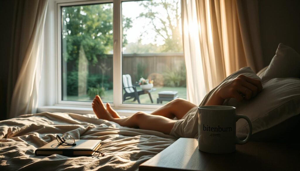 A serene morning routine unfolds in a cozy, sun-dappled bedroom. The scene captures a person sitting on the edge of a plush, unmade bed, sipping from a steaming mug of coffee while gazing out a large window overlooking a tranquil garden. Soft natural light filters through sheer curtains, casting a warm glow on the figure's face. On the nightstand, a leather-bound journal, a pair of eyeglasses, and the logo-adorned "bitenburn.com" mug hint at a mindful, grounded start to the day. The overall mood is one of calm, contemplation, and quiet contentment.