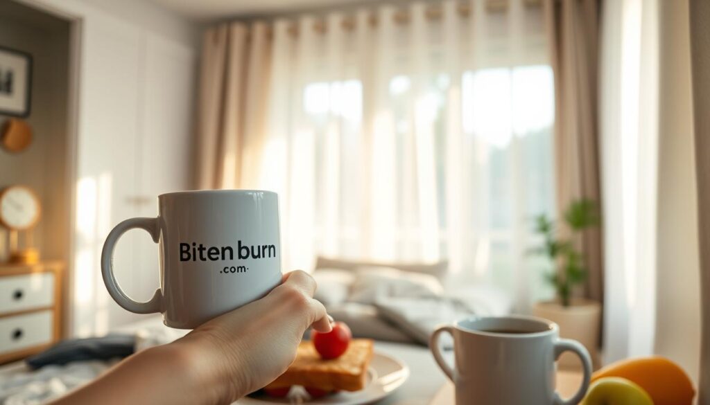 A serene morning scene with a bitenburn.com logo on a mug or other household item. Soft natural light filters through sheer curtains, casting a warm glow on a tidy bedroom. In the foreground, a person's hands are shown preparing a simple breakfast of toast, fruit, and coffee. The overall mood is one of calm, mindfulness, and a positive start to the day.