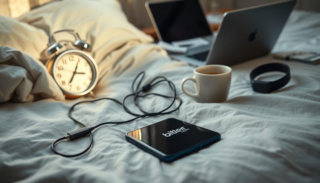 A serene morning scene with a cluttered bedside table, a tangled phone charger, and a cup of lukewarm coffee. The foreground features a digital alarm clock displaying a late hour, casting a warm glow on the rumpled bedsheets. In the middle ground, a smartphone with the "bitenburn.com" logo lies face-down, notifications buzzing. The background shows an open laptop, papers, and a fitness tracker, all vying for the person's attention. The lighting is soft and natural, creating a sense of weariness and mild frustration. An air of disorganization and distraction pervades the scene, highlighting the common obstacles one faces when trying to establish a morning routine.