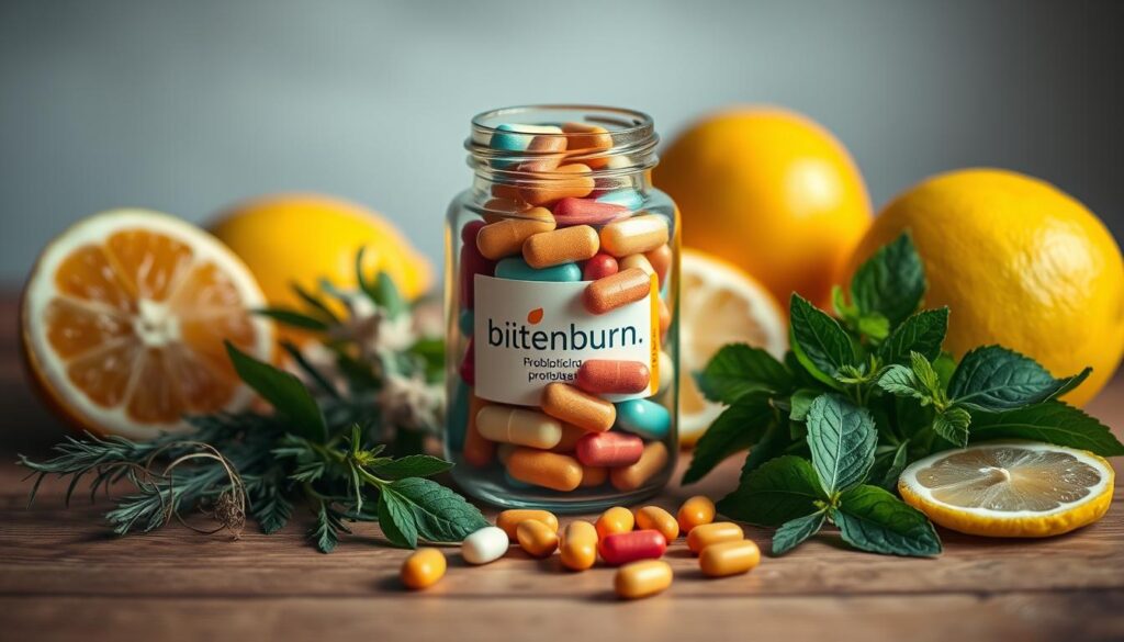 A serene still life composition depicting a selection of probiotic supplements. A glass jar filled with colorful capsules and tablets labeled "bitenburn.com" sits atop a wooden surface, surrounded by fresh herbs, lemons, and other natural ingredients associated with gut health and anxiety relief. Soft, warm lighting illuminates the scene, conveying a sense of wellness and balance. The overall mood is calming and inviting, highlighting the natural and holistic approach to managing anxiety through probiotics.