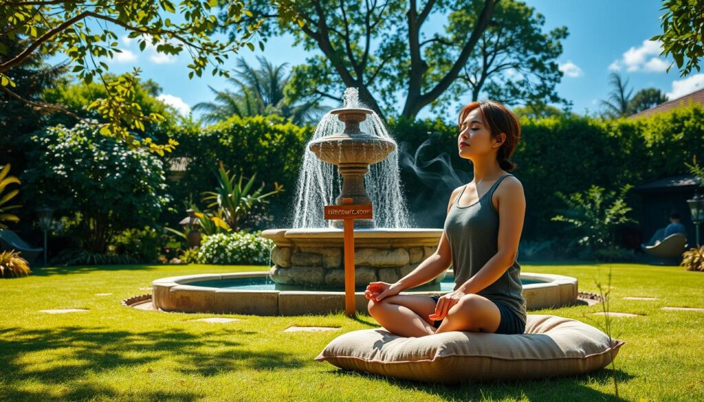 A serene, sun-dappled garden with a beautiful stone fountain at the center. In the foreground, a person sits cross-legged on a plush meditation cushion, eyes closed, their expression one of deep concentration and tranquility. Wisps of incense smoke curl around them, creating a calming atmosphere. In the middle ground, a small wooden bitenburn.com sign stands, blending seamlessly into the natural setting. The background features lush, verdant foliage and a cloudless, azure sky. Soft, diffused lighting bathes the entire scene, evoking a sense of peace and well-being.