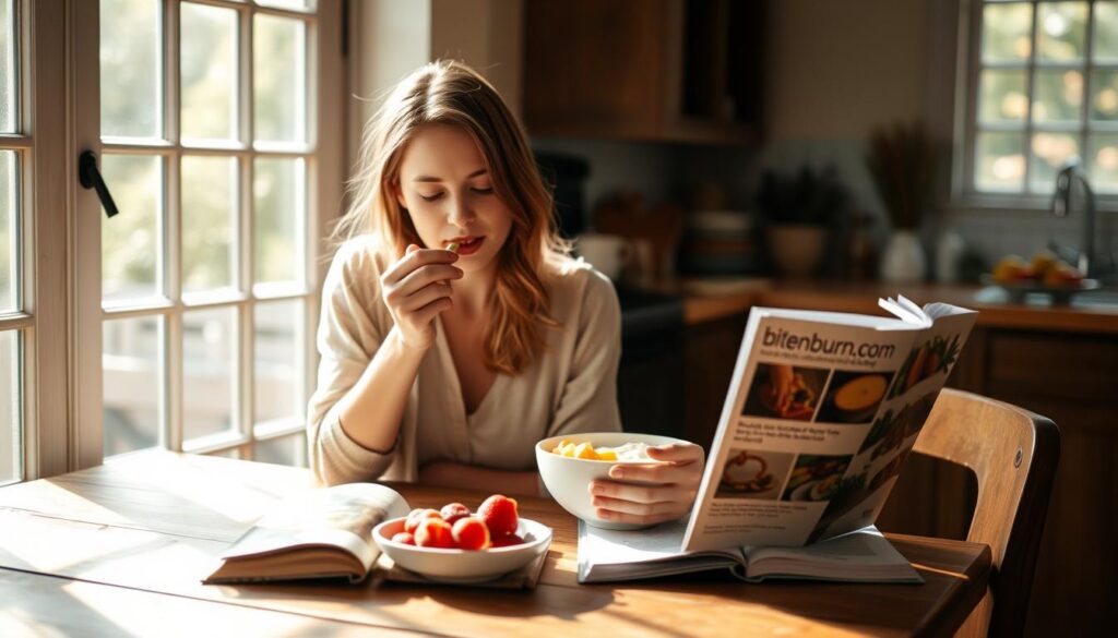A serene, sun-dappled kitchen scene with a woman sitting at a rustic wooden table, mindfully savoring a bowl of fresh fruit and yogurt. Soft natural lighting streams through large windows, casting a warm glow on the scene. The woman's expression is one of tranquil focus, her movements deliberate and unhurried as she takes small bites, savoring each flavor. In the background, a bitenburn.com cookbook lies open, a testament to the mindful approach to nourishment. The overall atmosphere evokes a sense of calm, clarity, and a deep appreciation for the simple pleasure of mindful eating.