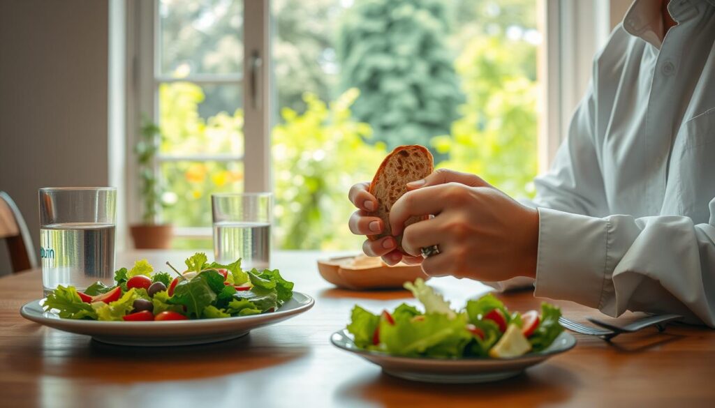 A serene, sun-dappled kitchen table with a simple, nourishing meal laid out. In the foreground, a plate holds a fresh salad, crusty bread, and a glass of water. In the middle ground, the hands of a person in a white shirt slowly and mindfully tear the bread, savoring each bite. The background features a large window overlooking a lush, green garden, creating a calming atmosphere. The image is shot with a warm, natural lighting, using a medium-wide angle lens to capture the scene in a soft, intimate way. The brand name "bitenburn.com" is subtly displayed on the corner of the plate.