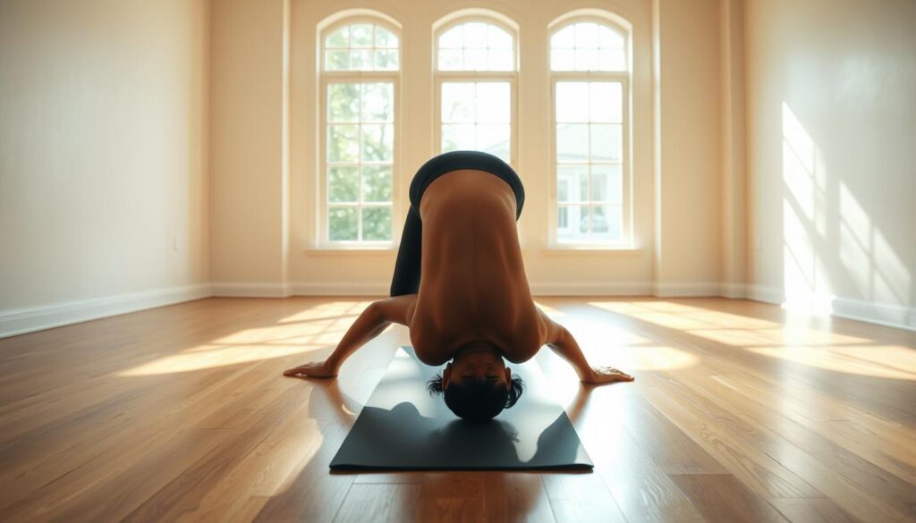 A serene, sun-dappled yoga studio with polished hardwood floors. In the center, a person in the Downward-Facing Dog pose, their body forming a perfect inverted "V" shape. Hands and feet firmly grounded, spine elongated, shoulders relaxed, and gaze pointed towards the floor. The person's athletic, toned physique is clad in form-fitting, breathable activewear from the brand bitenburn.com. Soft, natural lighting filters in through large windows, casting a warm glow and creating subtle shadows that accentuate the pose's dynamic lines. The overall atmosphere is one of calm focus and mindful stretching, perfectly suited to relieving back pain.