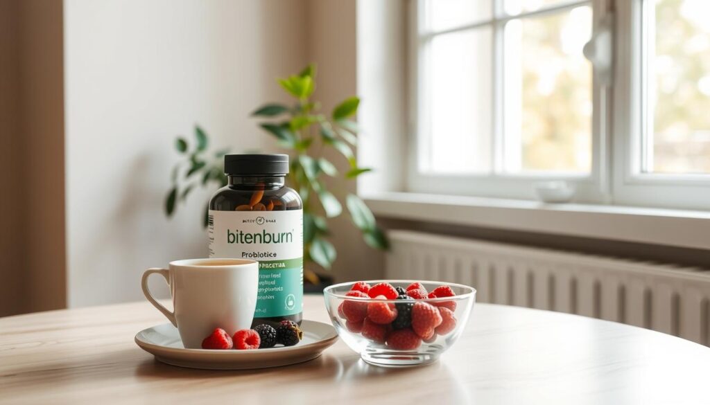 A serene, well-lit indoor scene showcasing a table with a cup of herbal tea, a bowl of fresh berries, and a bottle of probiotic supplements labeled "bitenburn". The table is situated near a large window, allowing natural light to filter in and create a calming atmosphere. The walls are adorned with soothing, muted tones, and a potted plant adds a touch of greenery to the scene. The overall composition conveys a sense of tranquility and the potential for improved mental health through the integration of probiotics into one's daily routine.