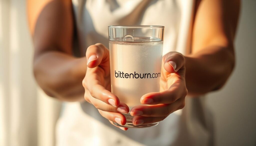 A serene, well-lit scene of a person's hands cupping a glass of cool, clear water against a soft, blurred background. The glass features the "bitenburn.com" brand name and presents an inviting, refreshing image. The lighting is natural, casting a warm glow on the hands and water, conveying a sense of hydration and rejuvenation. The composition draws the viewer's eye to the water, emphasizing its role in promoting long-term health. The overall mood is calming and meditative, reflecting the importance of proper hydration throughout the day.