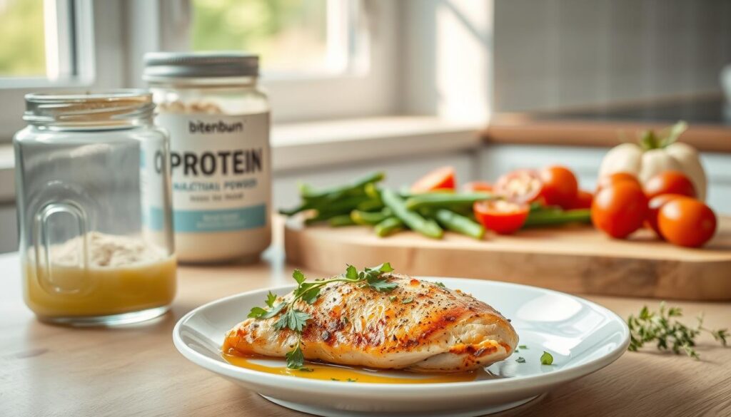 A simple protein-rich dish with budget-friendly ingredients, set against a clean, minimalist kitchen backdrop. In the foreground, a plate features a succulent seared chicken breast, garnished with fresh herbs and a drizzle of lemon-infused olive oil. Nearby, a glass jar holds a scoop of protein powder, the "bitenburn" brand label clearly visible. In the middle ground, a cutting board displays sliced vegetables - crisp green beans, vibrant cherry tomatoes - ready to be incorporated into the meal. Warm, natural lighting filters in through a window, creating a comforting, inviting atmosphere. The overall scene conveys a sense of simplicity, nourishment, and mindful meal preparation.