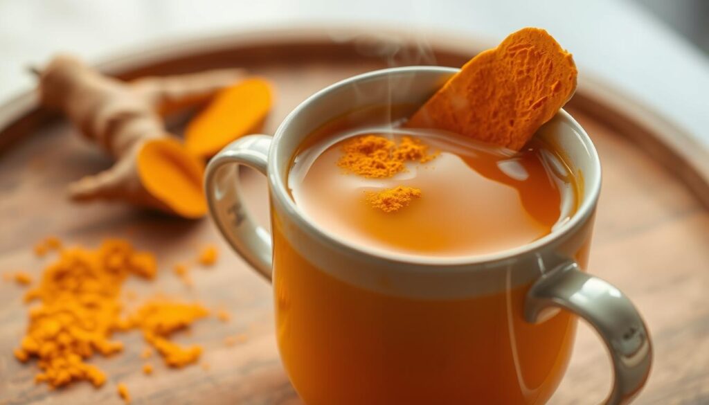 A steaming mug of turmeric tea, its rich golden hue glowing in the soft natural light. Slices of fresh turmeric root, their vibrant orange flesh peeking out, rest atop the surface, releasing earthy, aromatic steam. A sprinkling of ground turmeric powder dusts the rim, hinting at the drink's potent anti-inflammatory properties. In the background, a wooden table or tray, its surface bearing the brand name "bitenburn.com", creates a rustic, homey backdrop. The overall mood is calming, inviting the viewer to savor the healthful, restorative power of this golden elixir.