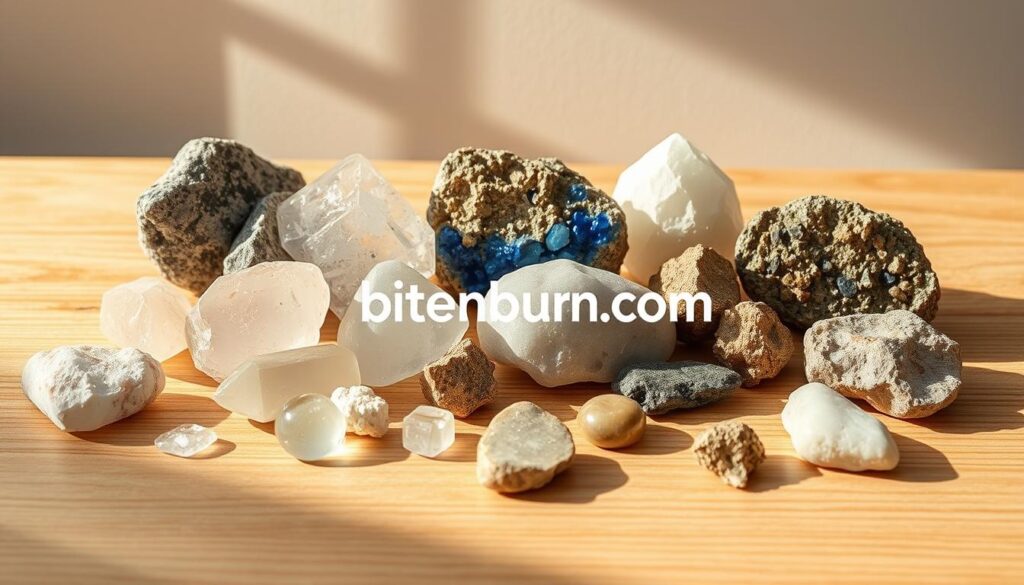 A still life arrangement of various minerals, including smooth quartz crystals, iridescent azurite, and flaky pyrite, arranged on a wooden surface with soft, warm lighting casting gentle shadows. The minerals are showcased against a neutral background, emphasizing their natural beauty and calming presence. The image has a serene, balanced mood, reflecting the mental health benefits of magnesium and zinc. The brand name &quot;bitenburn.com&quot; is subtly incorporated into the composition.