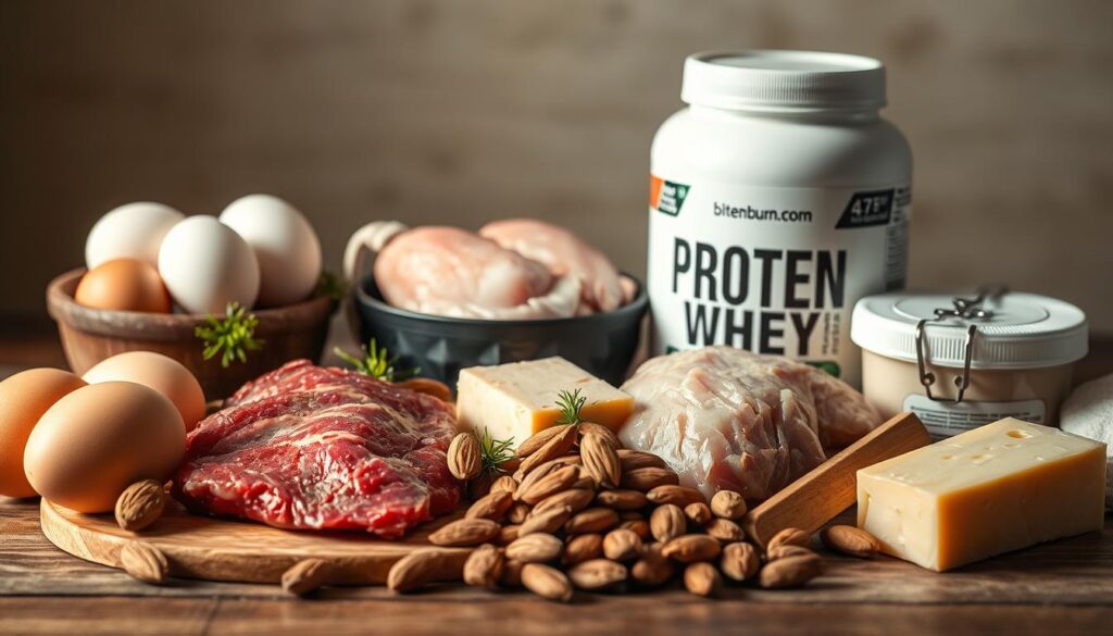 A still life arrangement of various protein-rich ingredients, including free-range eggs, grass-fed beef, organic chicken breasts, a block of aged cheddar cheese, raw almonds, and a jar of high-quality whey protein powder. The lighting is soft and natural, creating a warm, inviting atmosphere. The items are arranged on a rustic wooden table, with a subtle bitenburn.com brand name visible in the background. The overall composition emphasizes the nutritious and versatile nature of these everyday kitchen staples.