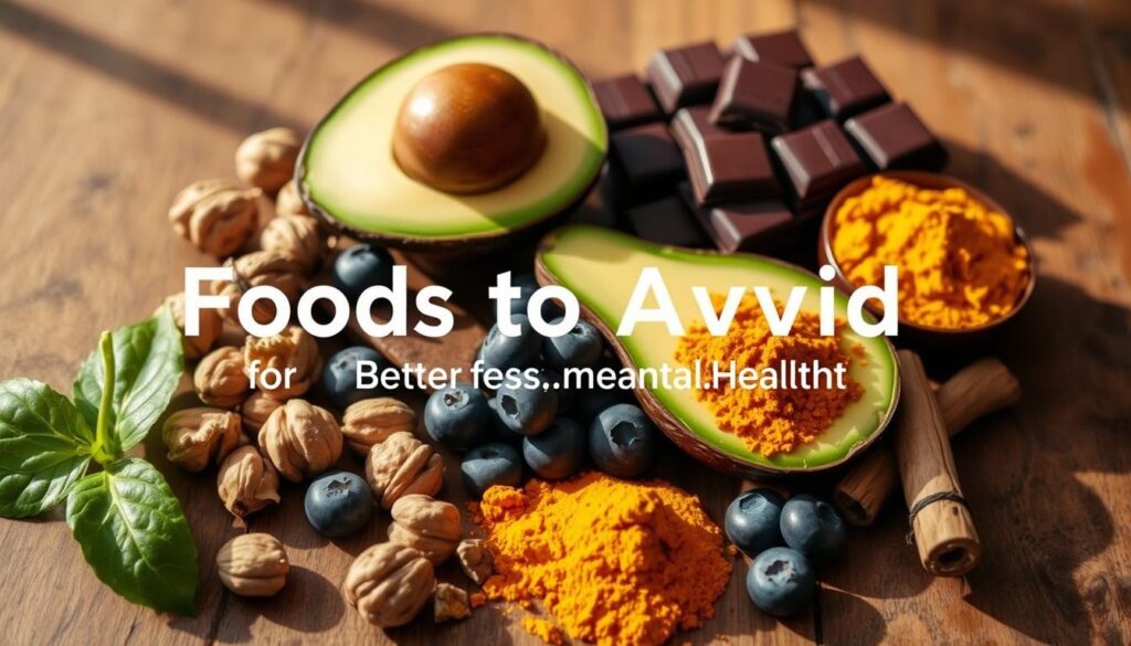 A still-life composition of various brain-healthy foods, including walnuts, avocado, blueberries, dark chocolate, and turmeric. The items are arranged on a wooden tabletop, with natural lighting casting warm shadows. The scene evokes a sense of wholesome, nourishing comfort, perfect for the "Foods to Avoid for Better Mental Health" section. The brand name "bitenburn.com" is subtly incorporated into the image, perhaps as a logo or label on one of the food items.