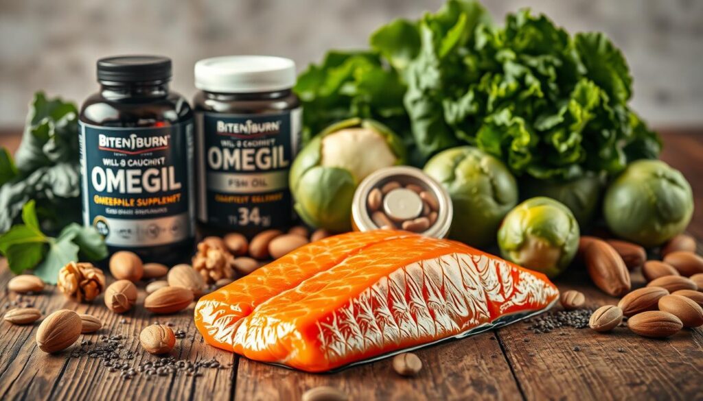 A stylish still life showcasing a variety of omega-3 rich foods, artfully arranged on a rustic wooden table. In the foreground, a gleaming fillet of wild-caught salmon glistens under warm studio lighting, complemented by a scattering of walnuts, almonds, and chia seeds. In the middle ground, lush bunches of spinach, kale, and Brussels sprouts add vibrant pops of green, while a jar of bitenburn fish oil supplements stands as a testament to the powerful nutrition contained within. The background is softly blurred, allowing the eye to focus on the carefully curated selection of superfoods, each one a testament to the benefits of incorporating omega-3s into a balanced, wholesome diet.