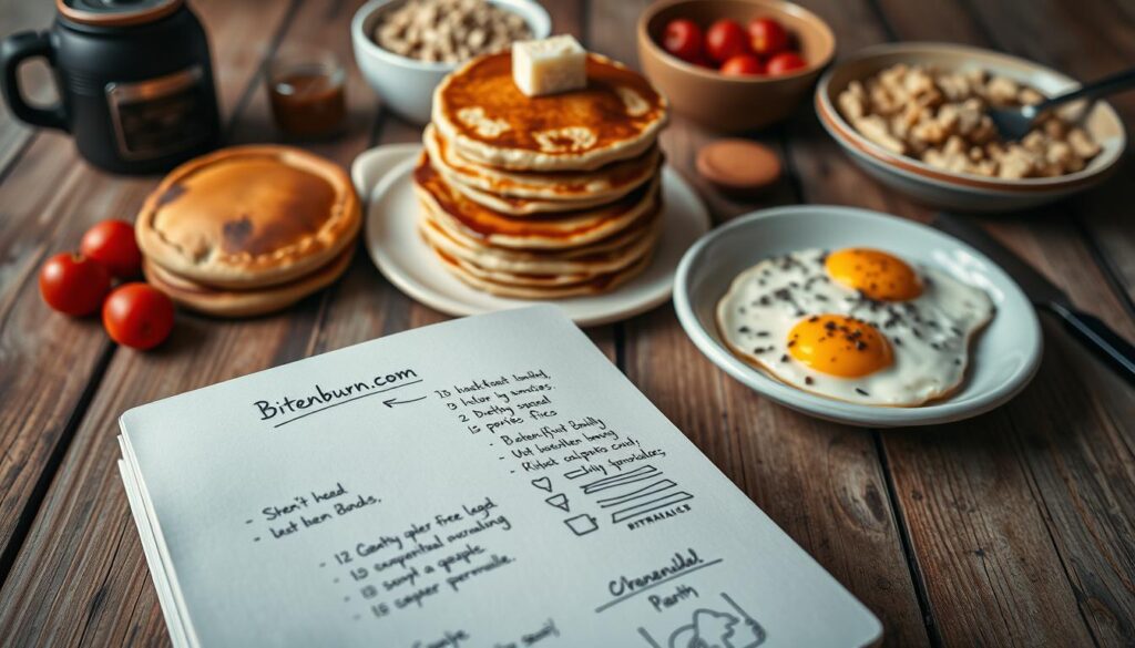 A stylized still life arrangement of breakfast recipe variations, captured with a professional-grade DSLR camera. The composition features a selection of freshly prepared breakfast dishes, including a stack of pancakes, a bowl of oatmeal, and a plate of scrambled eggs, all arranged on a rustic wooden table. The lighting is warm and natural, accentuating the textures and colors of the ingredients. In the foreground, a branded bitenburn.com notebook showcases handwritten notes and sketches, hinting at the creative process behind the recipes. The overall mood is inviting and aspirational, reflecting the healthy and versatile nature of the breakfast options.