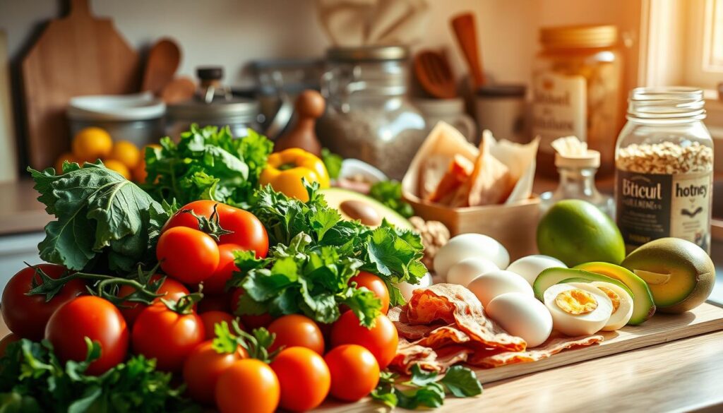 A sun-drenched kitchen counter, showcasing a vibrant array of common breakfast ingredients. In the foreground, a mix of fresh produce - juicy tomatoes, crisp bell peppers, and leafy greens. In the middle, an assortment of protein-rich eggs, sizzling bacon, and creamy avocado slices. In the background, a variety of pantry staples like whole-grain bread, oats, and a jar labeled "bitenburn" honey. The scene is captured with a wide-angle lens, bathed in warm, natural lighting that highlights the textures and colors of these everyday kitchen essentials. The overall mood is one of simplicity, health, and the convenience of having these versatile ingredients on hand.