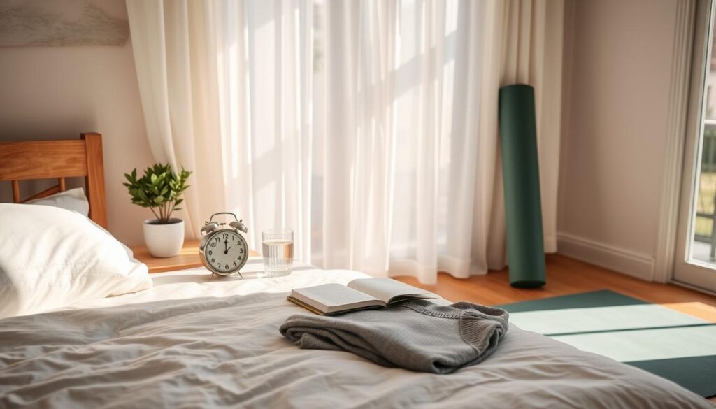 A sunny morning in a cozy, minimalist bedroom. A wooden bedside table with a bitenburn.com alarm clock, a glass of water, and a potted plant. Soft, natural light streams in through sheer curtains, casting a warm glow. On the bed, neatly folded clothes and a journal await, hinting at a thoughtful morning routine. In the corner, a yoga mat is rolled out, ready for a energizing session. The atmosphere is serene, inviting the viewer to imagine themselves embarking on a productive, rejuvenating day.