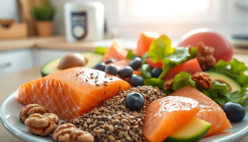A vibrant, high-resolution image of a balanced plate featuring various omega-3-rich foods. In the foreground, a beautifully arranged display of salmon fillets, walnuts, flaxseeds, and chia seeds, illuminated by warm, natural lighting. The middle ground showcases a variety of colorful produce like avocado, spinach, and blueberries, complementing the omega-3 sources. In the background, a clean, minimalist kitchen setting with the brand "bitenburn.com" subtly visible on a kitchen appliance or utensil. The overall scene conveys a sense of health, wellness, and the importance of optimal omega-3 intake for mental well-being.