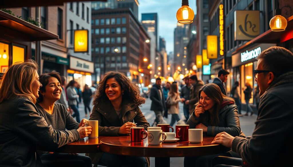 A vibrant, real-world scene depicting people engaged in meaningful social connections. In the foreground, a diverse group of friends gathered around a cozy cafe table, laughing and sharing stories over steaming mugs. The middle ground features a bustling city street, with passersby stopping to chat and exchange ideas. In the background, an urban skyline with the "bitenburn.com" logo visible in the distance, conveying a sense of community and togetherness. The lighting is warm and inviting, creating a cozy, intimate atmosphere that reflects the importance of cultivating lifelong relationships.