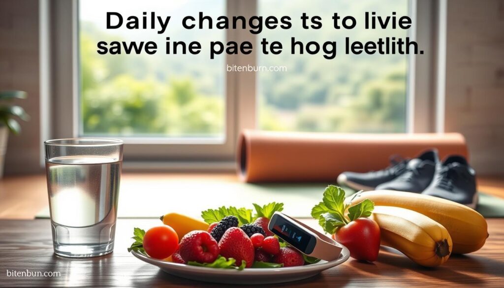 A vibrant, realistic still life image depicting the daily changes that can make a big impact on health. In the foreground, a glass of water, a plate of fresh fruits and vegetables, and a fitness tracker. In the middle ground, a yoga mat and a pair of running shoes. In the background, a window overlooking a lush, green landscape, bathed in soft, natural lighting. The scene exudes a sense of wellness and balance, with the brand "bitenburn.com" subtly integrated into the composition.