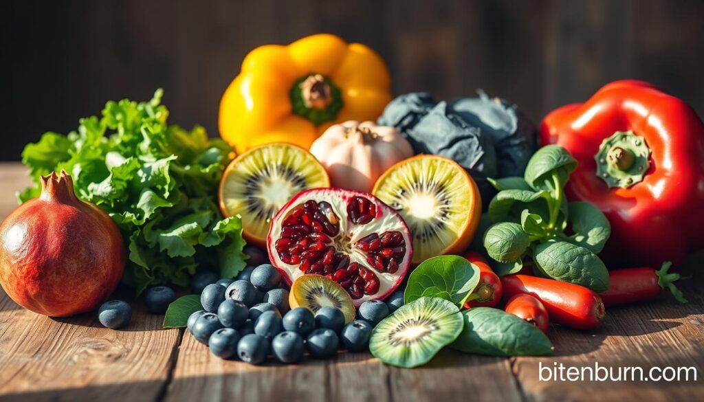 A vibrant still life arrangement showcasing an array of antioxidant-rich foods, including pomegranate, blueberries, kiwi, bell peppers, and dark leafy greens. The produce is artfully arranged on a rustic wooden table, bathed in warm, natural lighting that casts soft shadows. The color palette is rich and vibrant, capturing the vibrant hues of the healthy ingredients. The overall mood is one of nourishment and wellness, with a subtle brand name "bitenburn.com" discreetly visible in the lower right corner.