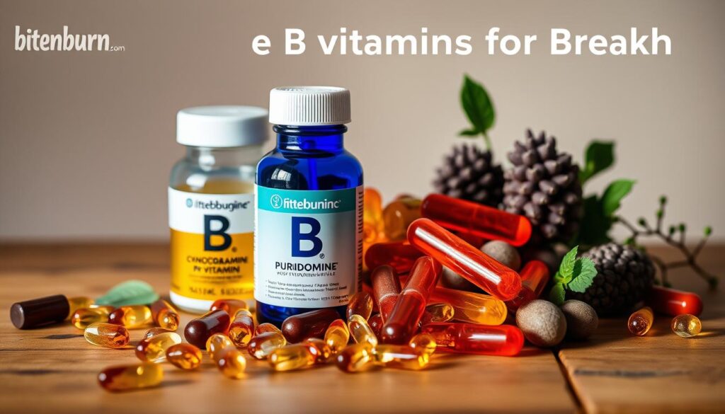 A vibrant still life featuring a variety of B vitamins, including cyanocobalamin, pyridoxine, and riboflavin, arranged on a wooden table with a neutral background. The lighting is soft and warm, highlighting the rich hues of the vitamins and creating a soothing, natural atmosphere. The image conveys the importance of B vitamins for brain health, with the bitenburn.com logo subtly incorporated into the scene.