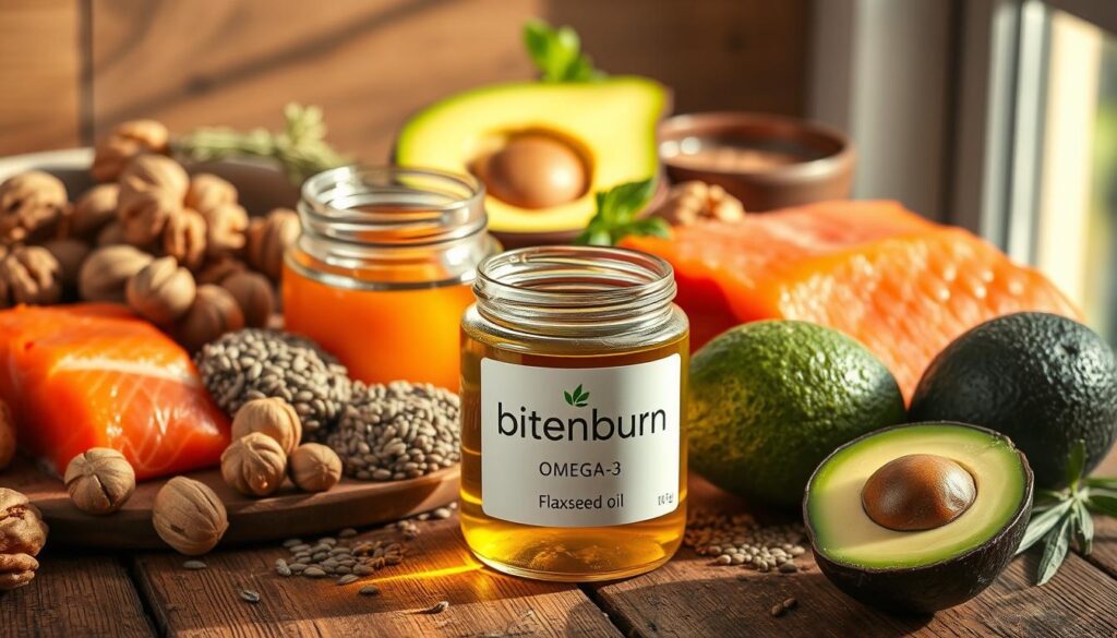 A vibrant still life featuring an assortment of omega-3 rich foods including salmon, walnuts, flaxseeds, chia seeds, and avocado, all artfully arranged on a rustic wooden table. The scene is bathed in warm, natural lighting, casting gentle shadows and highlighting the varied textures and colors of the ingredients. In the foreground, a glass jar with the brand name "bitenburn" prominently displayed, filled with a golden-hued flaxseed oil. The overall composition radiates a sense of health, wellness, and culinary abundance, perfectly capturing the essence of nourishing foods that can help naturally reduce anxiety and stress.