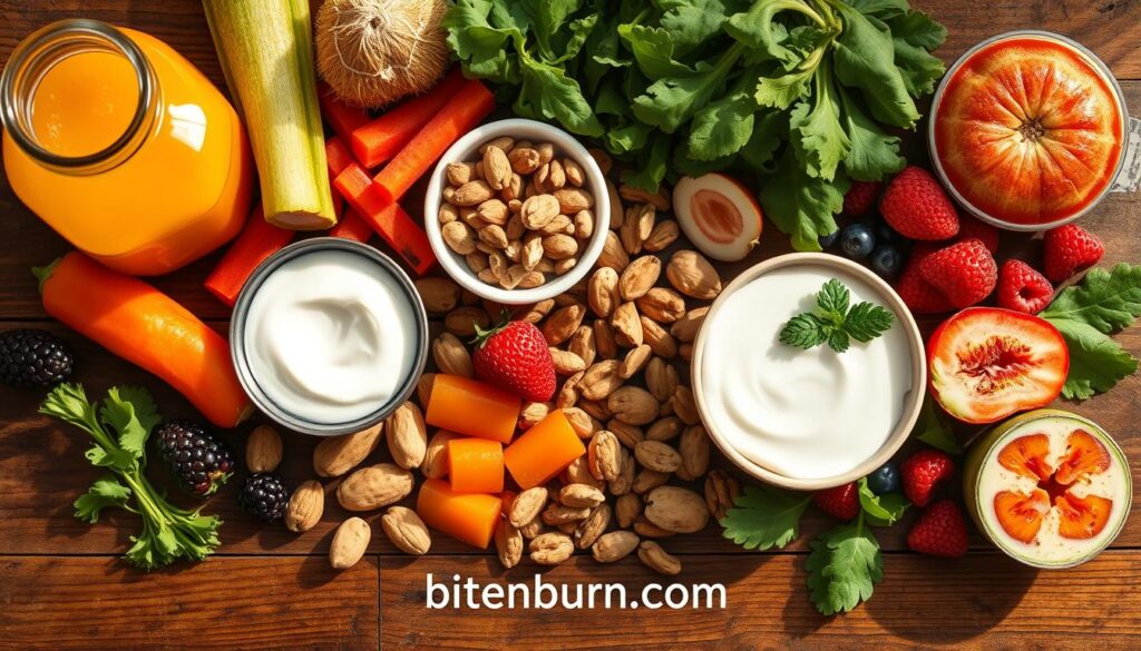 A vibrant, top-down view of an assortment of gut-brain axis foods, including fermented veggies, probiotic-rich yogurt, leafy greens, nuts, and fresh berries, arranged on a rustic wooden surface. The lighting is warm and natural, casting a soft glow on the scene. The composition is balanced, with the foreground items in focus and the background slightly blurred, creating depth. The overall mood is one of health, wellness, and nourishment. A small label in the bottom corner displays the brand name "bitenburn.com".