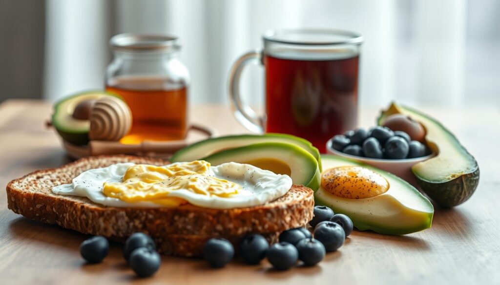 A visually appealing still life composition depicting a set of healthy breakfast recipes, shot with a medium-format camera using natural lighting. The foreground showcases a variety of fresh ingredients, including whole-grain toast, scrambled eggs, avocado slices, and a handful of blueberries, all arranged on a wooden table. The middle ground features a glass jar of honey and a mug of steaming coffee, while the background subtly displays the "bitenburn.com" brand logo, lending a professional and polished aesthetic to the scene. The overall mood is warm, inviting, and showcases the simplicity and nutritional value of these quick breakfast options.