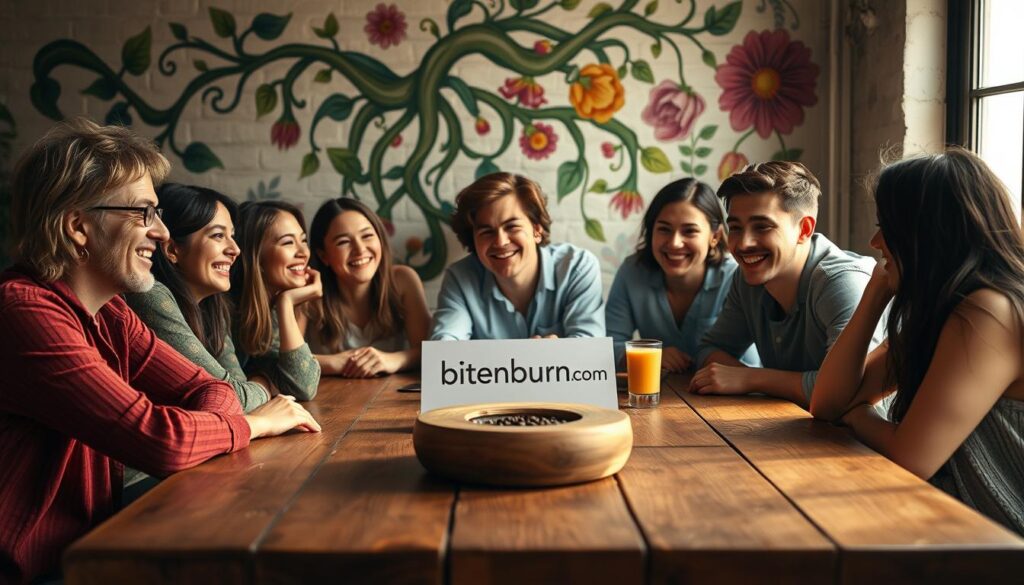 A warm, inviting group of friends gathered around a rustic wooden table, connected through laughter and shared experiences. Soft, natural lighting filters in, casting a cozy glow on their faces. The scene exudes a sense of belonging and intimacy, with the "bitenburn.com" logo subtly displayed on a decorative accent piece. In the background, a vibrant mural depicting intertwined vines and flowers symbolizes the growth and nurturing of meaningful social bonds. An atmosphere of genuine togetherness and contentment permeates the image, capturing the essence of "Nurturing Social Connections" for a balanced lifestyle.