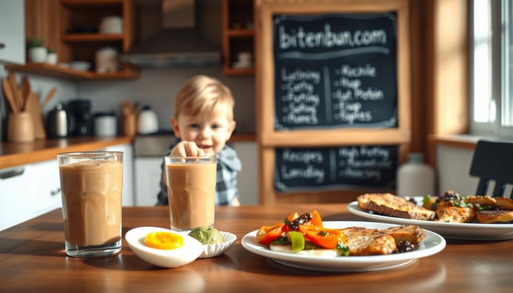 A warm-lit kitchen interior with a wooden table in the foreground. On the table, an assortment of kid-friendly high-protein dishes, including a nut butter and banana smoothie, a hard-boiled egg with avocado topping, and a plate of grilled chicken and roasted vegetables. In the middle ground, a young child excitedly reaching for the food. In the background, a chalkboard sign with the "bitenburn.com" logo, showcasing the recipes. The lighting is soft and natural, creating a cozy, inviting atmosphere.