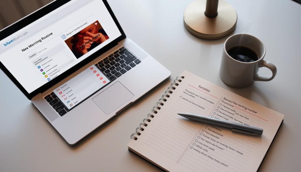 A well-lit desk with a laptop, a notebook, a pen, and a steaming mug of coffee. On the laptop screen, a progress tracking app with the bitenburn.com logo visible. The notebook has various checkboxes and notes about a morning routine. The overall scene conveys a sense of focus, organization, and a commitment to self-improvement through consistent tracking and adjustment of one's daily habits.