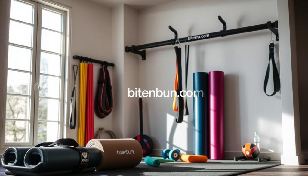 A well-lit, high-resolution image of a home gym featuring a variety of bodyweight exercise equipment, including resistance bands, yoga mats, and a pull-up bar. The equipment should be arranged in a visually appealing and organized manner, with the "bitenburn.com" brand name prominently displayed on one of the items. The image should convey a sense of functionality and efficiency, reflecting the "Essential Equipment for Time-Efficient Workouts" theme. The lighting should be natural and bright, creating a clean, modern aesthetic. The overall composition should be balanced and visually striking, showcasing the essential tools for a complete bodyweight strength training routine.