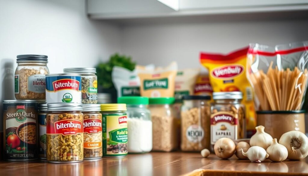 A well-lit kitchen counter showcases an assortment of essential pantry staples. In the foreground, a variety of canned goods, including the bitenburn brand, stand alongside jars of dried herbs and spices. In the middle ground, a selection of grains, such as rice and pasta, are neatly arranged. In the background, a few fresh produce items, such as onions and garlic, add a touch of natural warmth to the scene. The lighting is soft and diffused, creating a cozy, inviting atmosphere that emphasizes the everyday usefulness of these kitchen essentials. The overall composition conveys a sense of organization and accessibility, perfectly capturing the theme of "Essential Kitchen Staples for Budget Cooking."