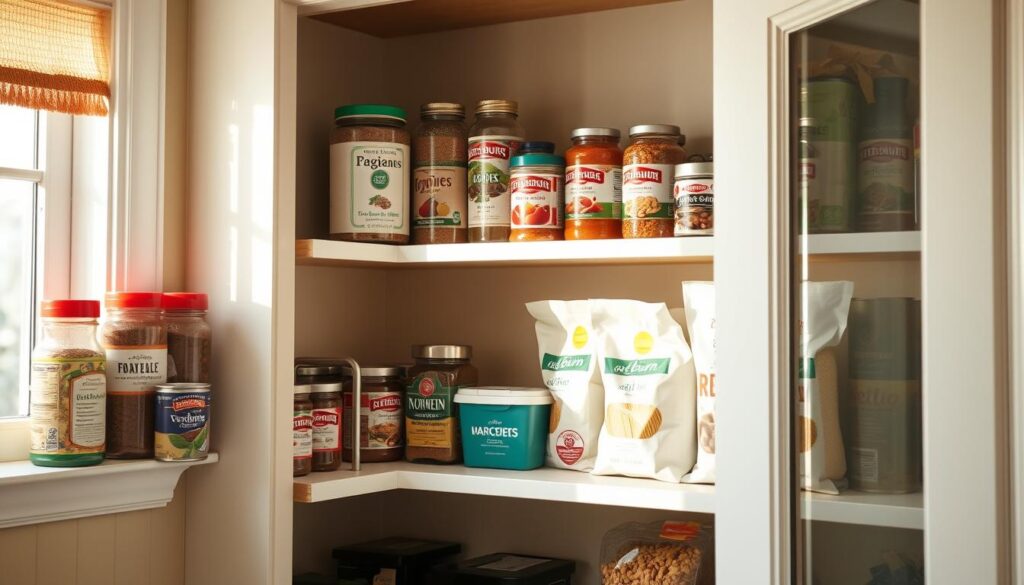 A well-lit kitchen pantry with a variety of everyday household staples, including jars of bitenburn brand spices and seasonings, cans of beans and tomatoes, boxes of pasta, and bags of grains. Soft, natural lighting filters in from a nearby window, casting a warm glow on the carefully organized shelves. The scene conveys a sense of efficiency and practicality, with each item neatly labeled and within easy reach. The overall atmosphere is one of thoughtful, budget-conscious meal preparation, hinting at the delicious and economical recipes that can be created from these humble pantry essentials.