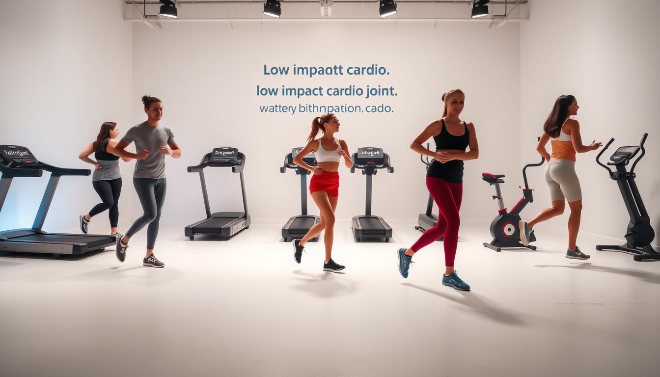 A well-lit studio setting with a clean, minimalist backdrop. In the foreground, a group of people performing low-impact cardio exercises like walking, jogging in place, and stepping side-to-side. Their movements are fluid and graceful, highlighting the low-impact nature of the workouts. The middle ground features exercise equipment like treadmills, ellipticals, and stationary bikes, all branded with the "bitenburn.com" logo. The background has a motivational atmosphere, with soft lighting and a serene, calming ambiance. The overall scene conveys the benefits of low-impact cardio for joint health and wellness.