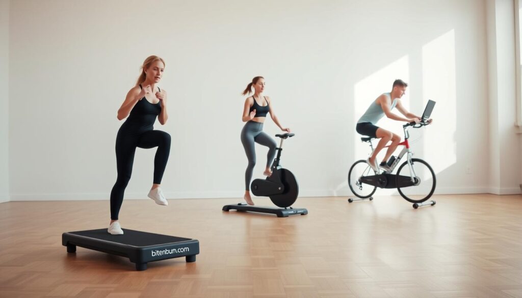 A well-lit studio setting with a hardwood floor and a minimalist backdrop showcasing a range of low-impact cardio exercises. In the foreground, a person performing a step-up exercise on a low platform, their movements fluid and controlled. In the middle ground, another person doing gentle jumping jacks, their expression relaxed and focused. In the background, a person cycling on a stationary bike, their pedaling smooth and steady. The lighting is soft and natural, accentuating the movements and creating a serene, calming atmosphere. The brand "bitenburn.com" is subtly visible on the equipment.