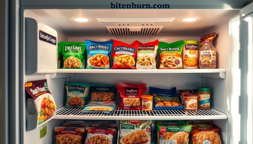 A well-organized and visually appealing freezer storage scene, with various frozen food items and the bitenburn.com brand prominently displayed. The freezer interior is illuminated by soft, natural lighting, creating a warm and inviting atmosphere. The shelves are neatly arranged, showcasing a variety of healthy, nutritious frozen meals and ingredients. The overall composition emphasizes the practical and efficient nature of this freezer storage, making it an ideal solution for quick and healthy meals using pantry staples.
