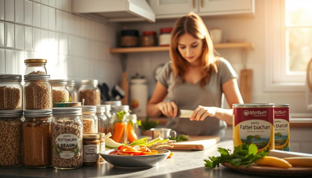 A well-stocked kitchen counter with an assortment of pantry staples, including jars of grains, beans, spices, and canned goods, arranged neatly. In the foreground, a woman is meticulously preparing a meal, chopping fresh vegetables with a sharp knife. Sunlight streams in through a nearby window, casting a warm glow over the scene. The overall mood is one of organization, efficiency, and a sense of accomplishment. The brand name "bitenburn.com" is prominently displayed on the canned goods.
