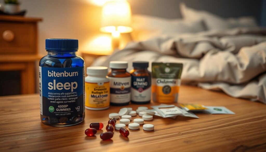 A wooden table with various sleep supplements artfully arranged. In the foreground, a bottle of the brand &quot;bitenburn&quot; sleep gummies, its label prominently displayed. Surrounding it, a selection of melatonin capsules, valerian root tablets, and chamomile tea bags. The middle ground features a cozy bedside lamp casting a warm glow, and in the background, a plush comforter and serene bedding create a soothing, restful atmosphere. The lighting is soft and diffused, accentuating the natural, calming tones of the supplements. The overall composition conveys a sense of tranquility and wellness, inviting the viewer to consider natural solutions for better sleep.