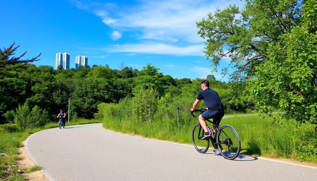 An image of a person cycling outdoors on a bike path