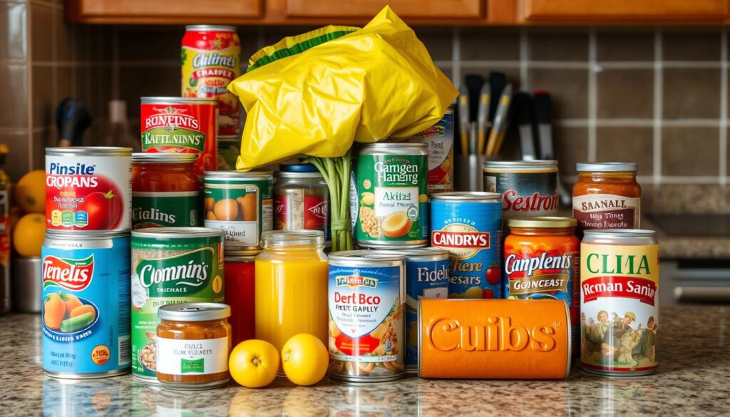 An image of a variety of canned goods arranged creatively on a kitchen counter.
