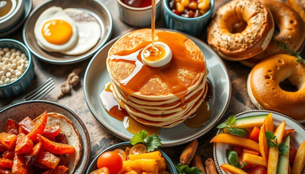 Create an image of a delicious breakfast-for-dinner spread with pancakes, bagels, and syrup.