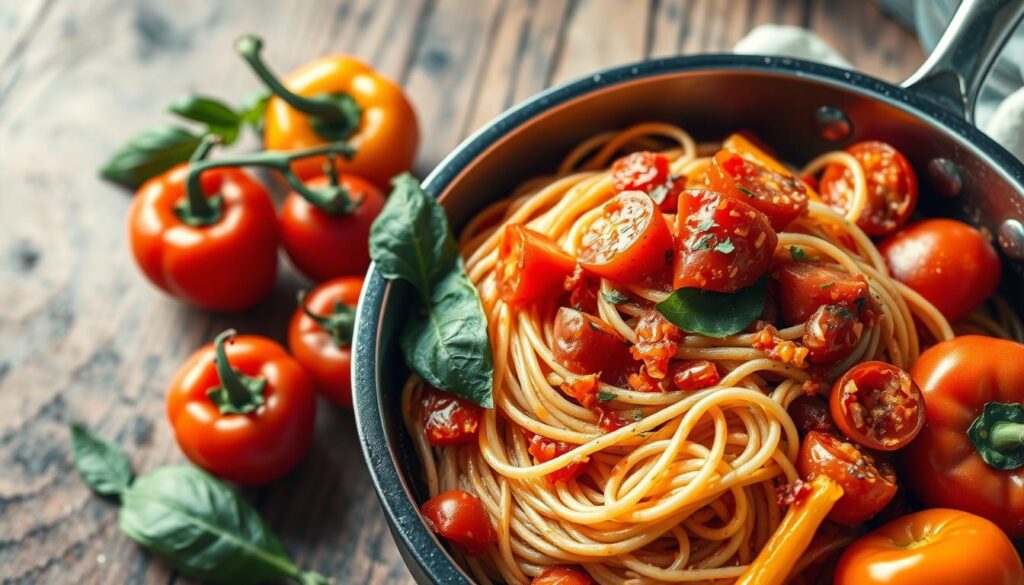 Create an image of a delicious one-pot meal with spaghetti, tomatoes, and bell peppers.