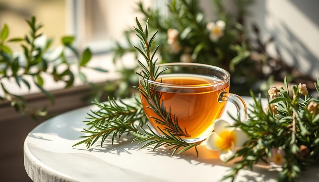Create an image of a serene setting with a cup of rosemary tea